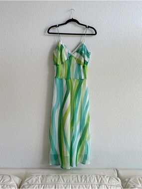 SANDRA DARREN Green & Aqua Wavy Stripe Slip Dress